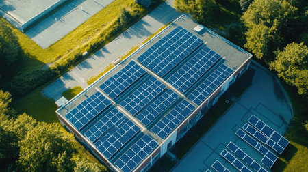 Top-down view of solar panels on a community center roof, with surrounding landscape and clear sky for copy.の素材