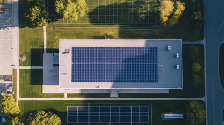 Top-down view of solar panels on a community center roof, with surrounding landscape and clear sky for copy.の素材