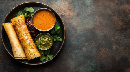 Top view of masala dosa with chutneys and sambar on a plate, ample copy space on the left.の素材
