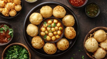 Flat lay of pani puri with tamarind water and stuffing, copy space in the center.の素材