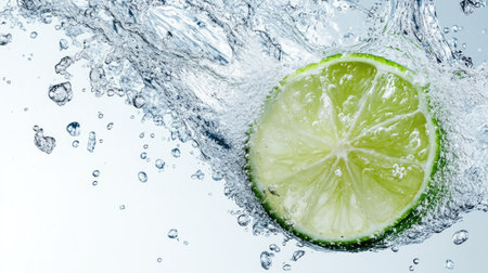 Freshly squeezed lime juice splashing in water, overhead shot. Clear copy space at the bottom left.の素材