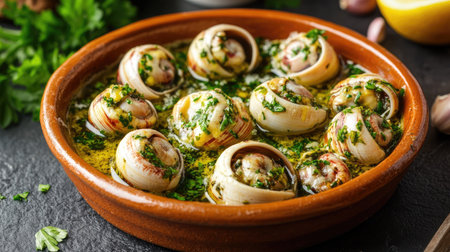 French escargots with garlic butter and parsley in a ceramic dish.の素材