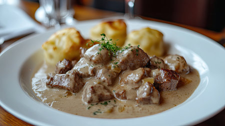 Czech with beef, creamy sauce, and dumplings on a white plate.の素材