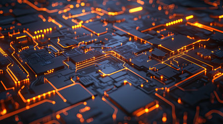 Abstract top view of glowing technology circuits, with ample copy space on the left.の素材