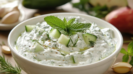 Greek tzatziki dip with cucumber and garlic in a white bowl.の素材