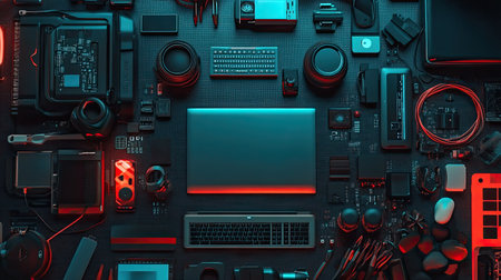 Flat lay of modern gadgets on a futuristic tech background, copy space in the bottom half.の素材