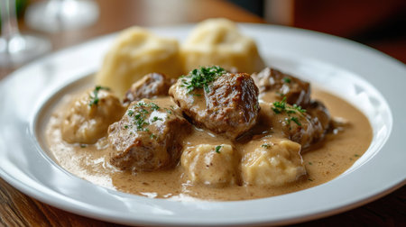 Czech with beef, creamy sauce, and dumplings on a white plate.の素材