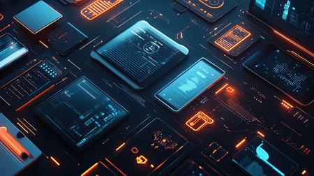 Flat lay of smart devices on a dark tech background with glowing elements, copy space on the left.の素材