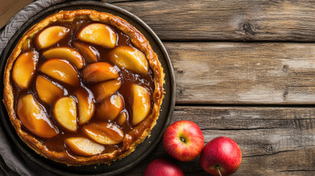 French tarte Tatin with caramelized apples on a rustic wooden table.の素材