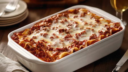 Italian lasagna with layers of pasta, meat sauce, and melted cheese in a baking dish.の素材