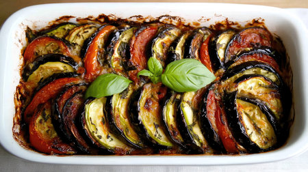 French ratatouille with eggplant, zucchini, and tomatoes in a white dish.の素材