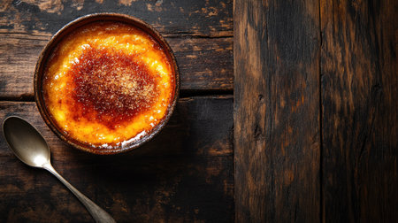French dessert with caramelized sugar on a rustic wooden table.の素材