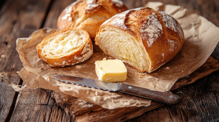 French boules bread with a knife and butter on a rustic wooden table.の素材