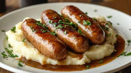 British bangers and mash with sausages and mashed potatoes on a white plate.の素材