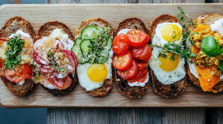 Danish open-faced sandwiches with various toppings on a wooden board.の素材