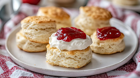 British scones with clotted cream and strawberry jam on a white plate.の素材