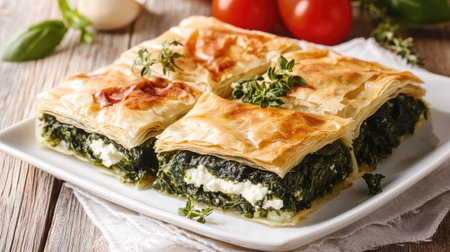 Greek spanakopita with spinach and feta cheese in phyllo pastry on a white plate.の素材
