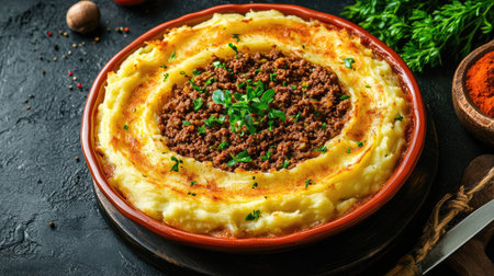 Irish shepherd's pie with mashed potatoes and minced meat in a ceramic dish.の素材