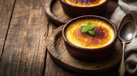 French dessert with caramelized sugar on a rustic wooden table.の素材