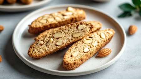 Italian biscotti cookies with almonds on a white plate.の素材