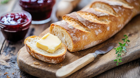 French baguette slices with butter and jam on a rustic wooden table.の素材