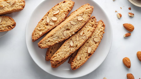 Italian biscotti cookies with almonds on a white plate.の素材