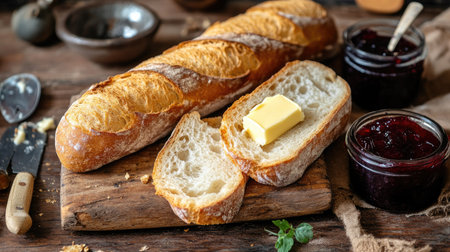 French baguette slices with butter and jam on a rustic wooden table.の素材