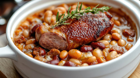 French cassoulet with beans, sausage, and duck confit in a white dish.の素材