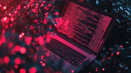 Flat lay of coding on a laptop screen with a digital matrix background, copy space on the left.の素材