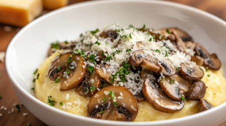 Italian polenta with mushrooms and Parmesan cheese in a white bowl.の素材