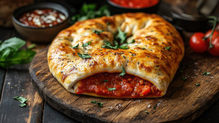 Italian calzone with marinara sauce on a wooden board.の素材