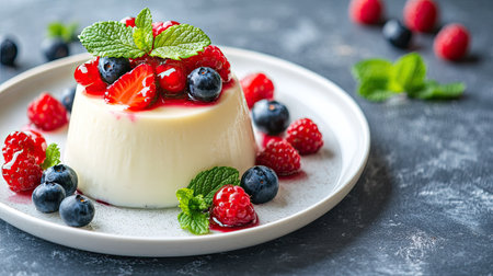 Italian panna cotta dessert with fresh berries and mint leaves on a white plate.の素材