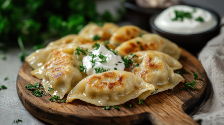 Polish pierogi dumplings with sour cream and caramelized onions on a wooden board.の素材