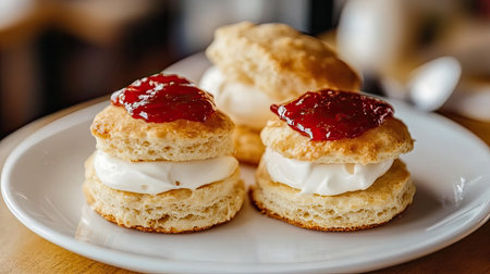 British scones with clotted cream and strawberry jam on a white plate.の素材