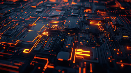 Abstract top view of glowing technology circuits, with ample copy space on the left.の素材