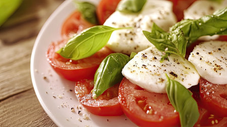 Italian caprese salad with fresh tomatoes, mozzarella, and basil leaves on a white plate.の素材