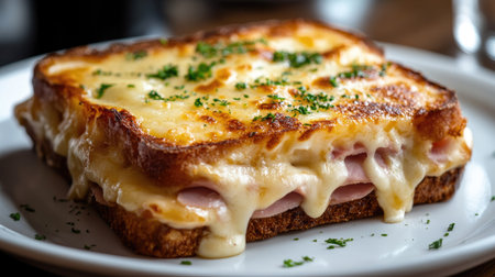 French croque monsieur with ham, cheese, and sauce on a white plate.の素材