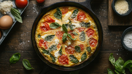 Italian frittata with eggs, vegetables, and cheese in a cast iron skillet.の素材