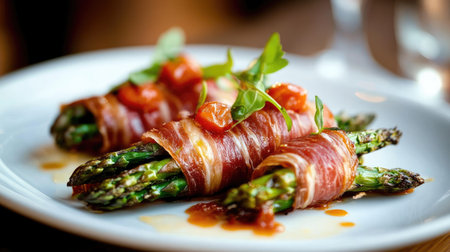 Italian prosciutto-wrapped asparagus on a white plate.の素材