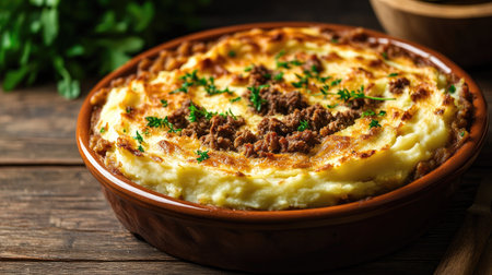 Irish shepherd's pie with mashed potatoes and minced meat in a ceramic dish.の素材