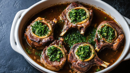 Italian osso buco with braised veal shanks and gremolata in a white dish.の素材