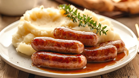 British bangers and mash with sausages and mashed potatoes on a white plate.の素材