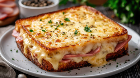 French croque monsieur with ham, cheese, and sauce on a white plate.の素材