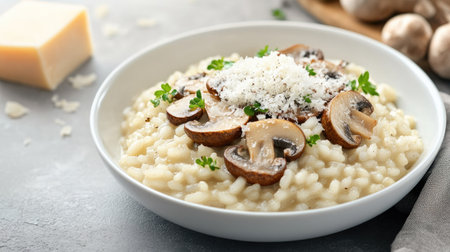 Italian risotto with mushrooms and Parmesan cheese in a white bowl.の素材