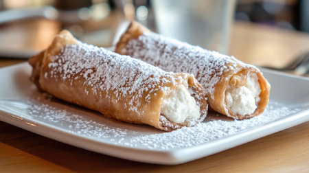Italian ricotta-stuffed cannoli with powdered sugar on a white plate.の素材
