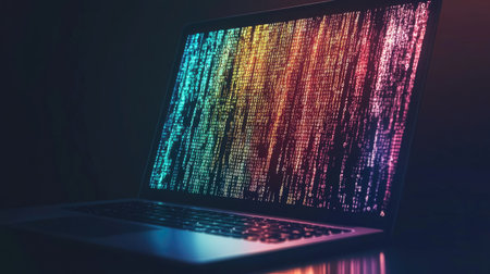 Flat lay of a laptop with binary code overlay, ample copy space on the left.の素材