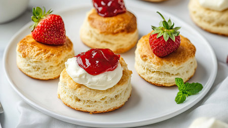 British scones with clotted cream and strawberry jam on a white plate.の素材