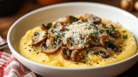 Italian polenta with mushrooms and Parmesan cheese in a white bowl.の素材