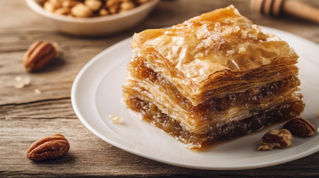 Greek baklava dessert with layers of phyllo dough, nuts, and honey syrup.の素材