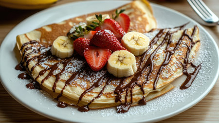 French with Nutella, bananas, and strawberries on a white plate.の素材